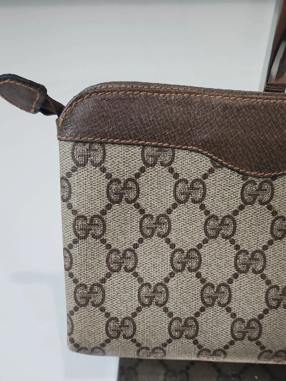 Gucci Brown GG Canvas Cosmetic Pouch with Leather Trim